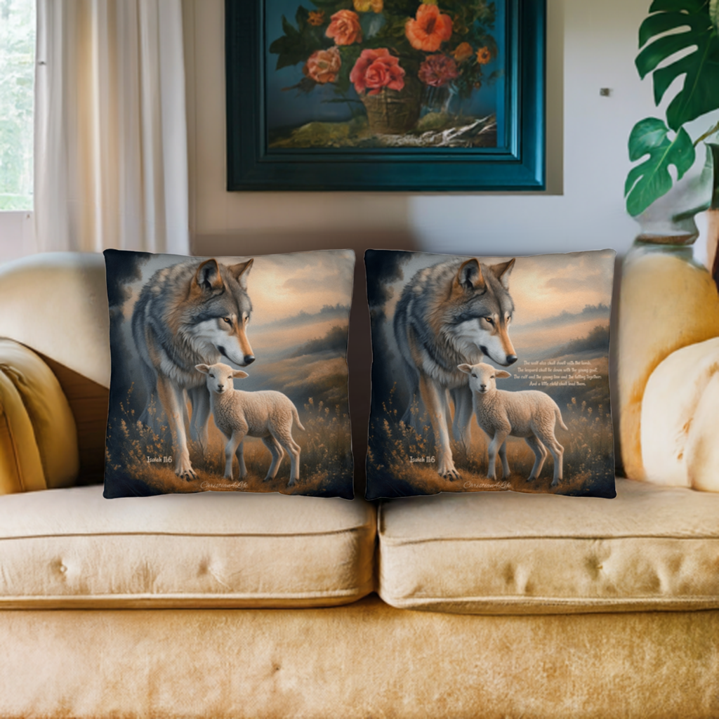 Wolf and Lamb Bible Verse Spun Polyester Square Indoor/Outdoor Pillow