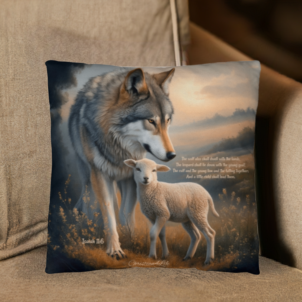 Wolf and Lamb Bible Verse Spun Polyester Square Indoor/Outdoor Pillow