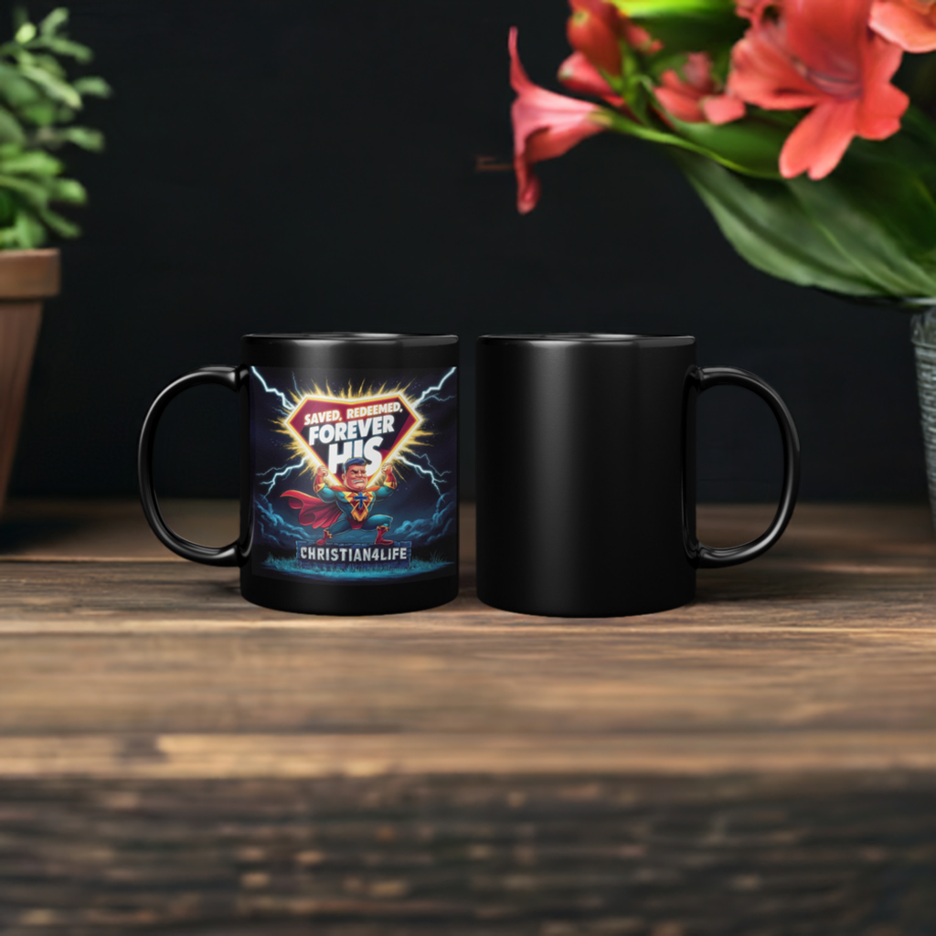 Christian 11oz Black Mug - Superhero "Saved, Forgiven, Forever His", Christian Mug for Men