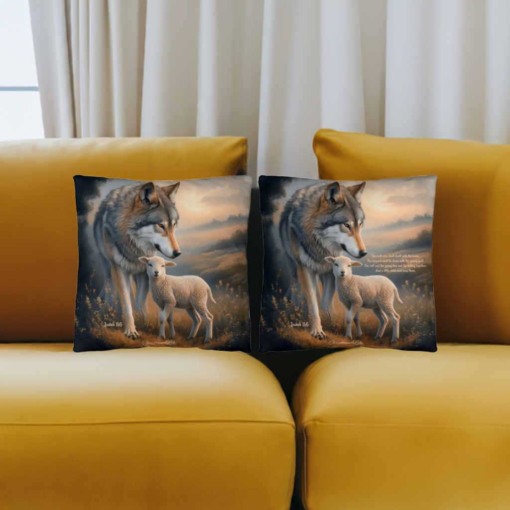 Wolf and Sheep Bible Verse Spun Polyester Square Pillowcase (multiple sizes)