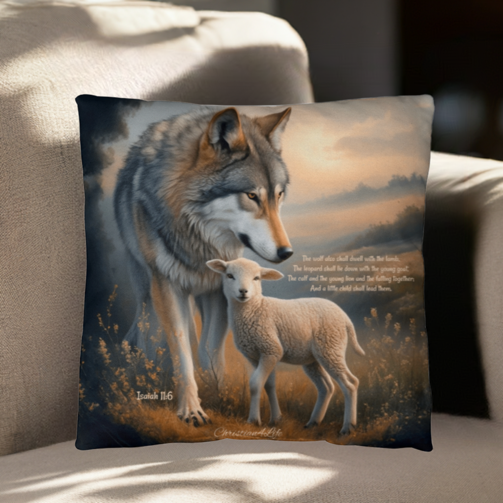 Wolf and Lamb Bible Verse Spun Polyester Square Indoor/Outdoor Pillow