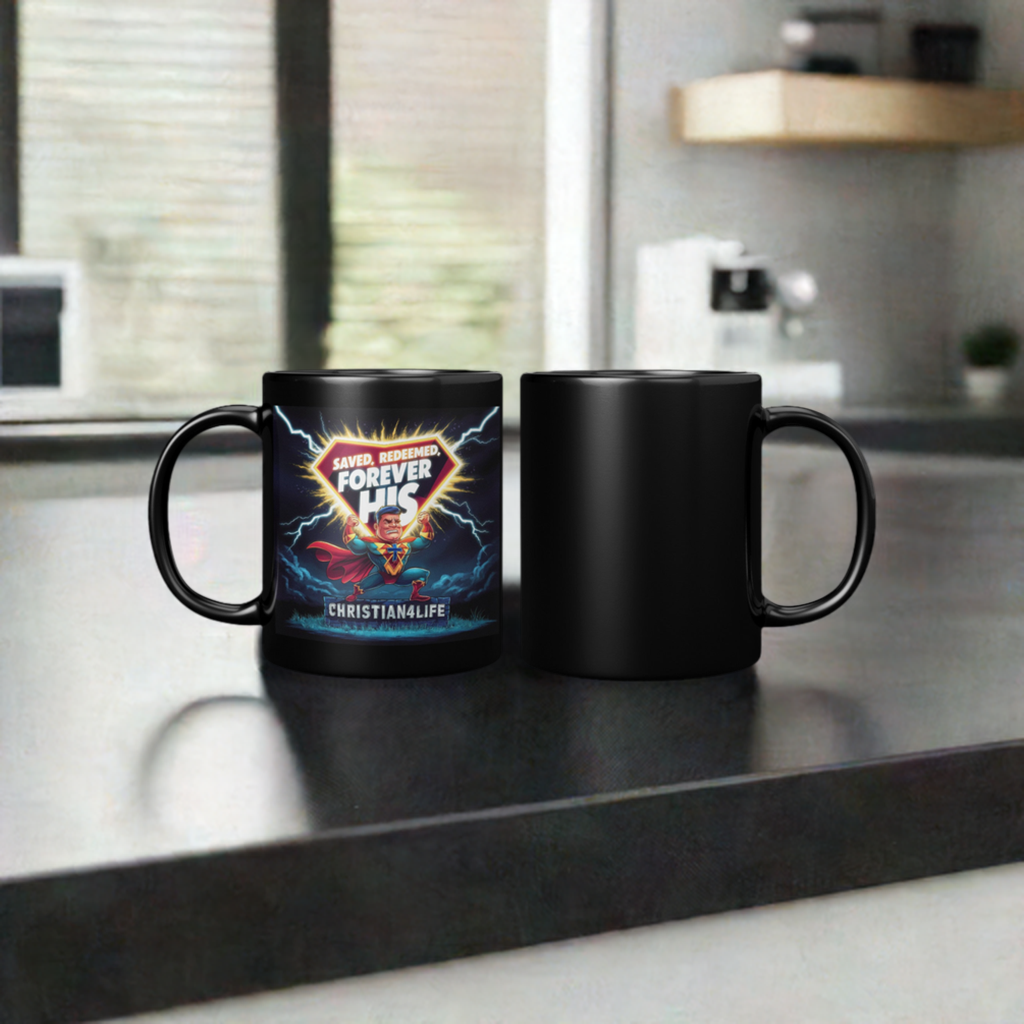 Christian 11oz Black Mug - Superhero "Saved, Forgiven, Forever His", Christian Mug for Men