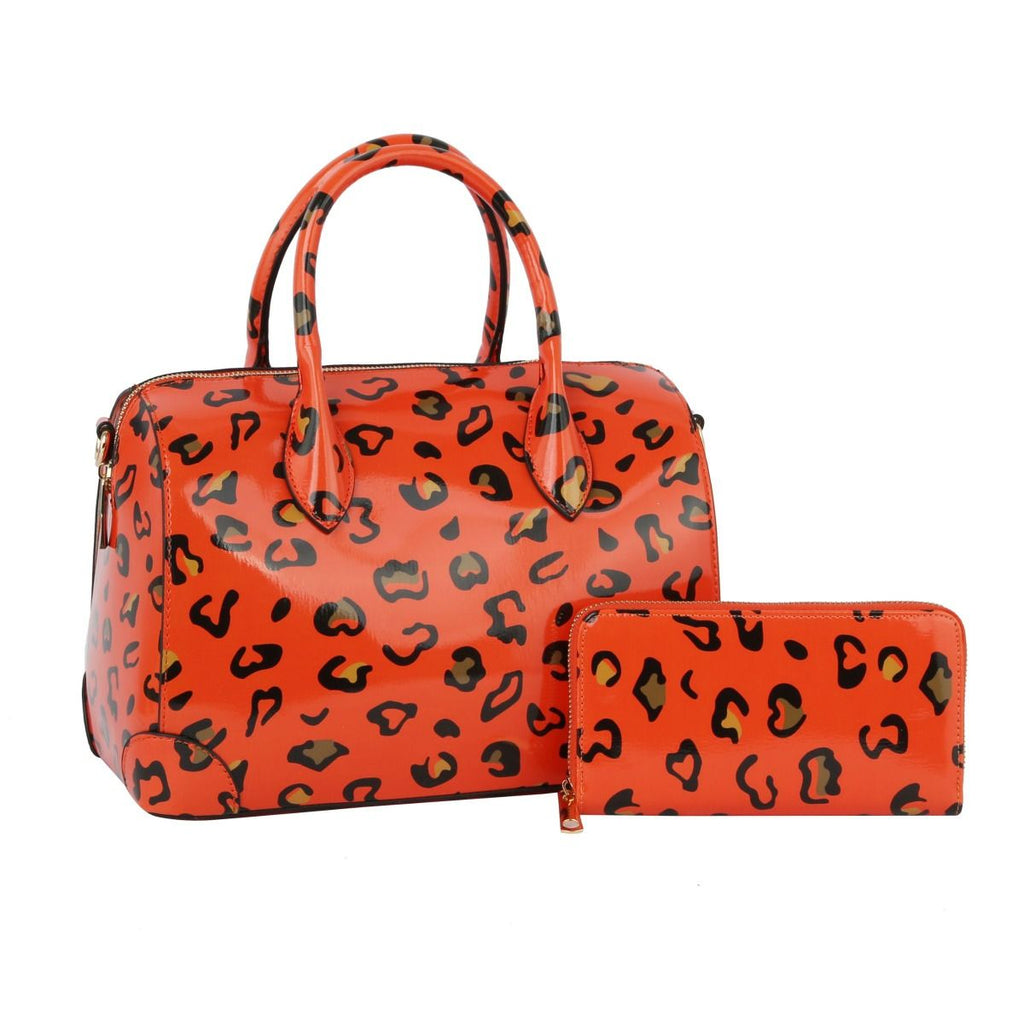 Fashion Handbag Domed Satchel Neon Orange Leopard Print Stylish Set