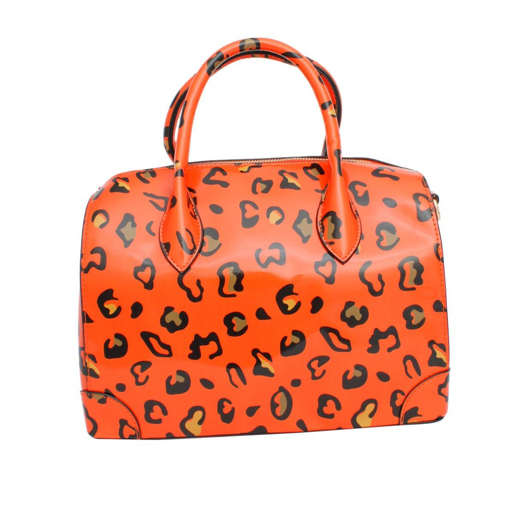 Fashion Handbag Domed Satchel Neon Orange Leopard Print Stylish Set