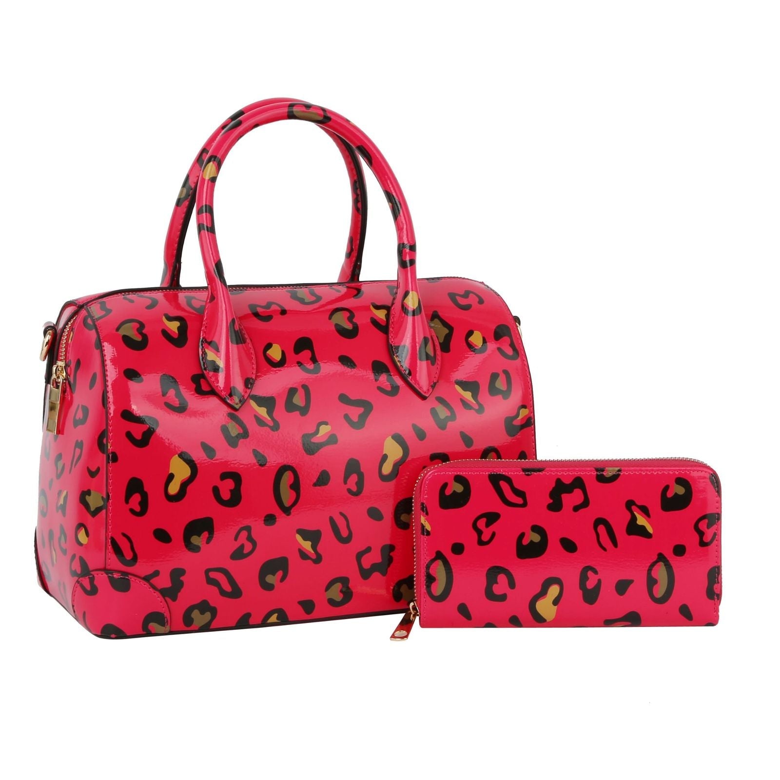 Fashion Handbag Domed Satchel Neon Fuchsia Leopard Set Stylish Statement Accessory