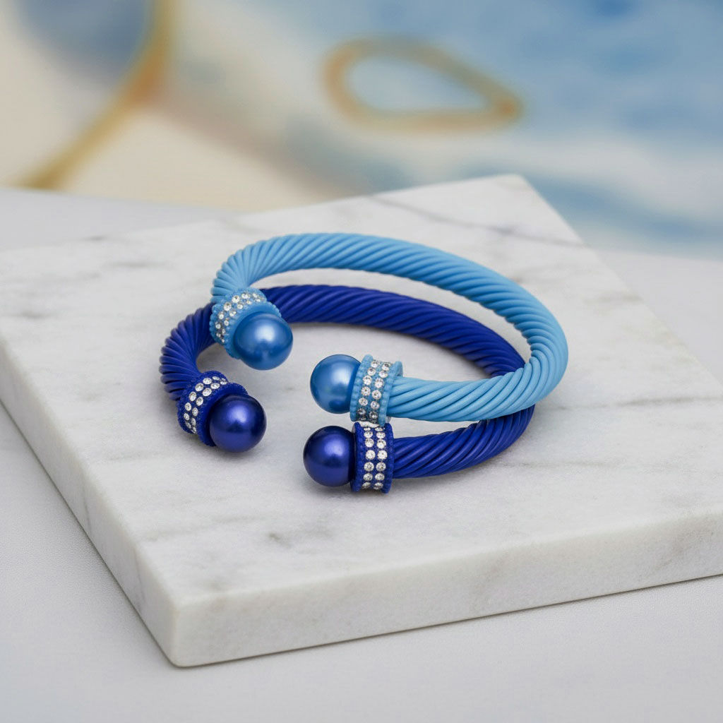 Thick Blue Cable Bangles 2 Pcs Trendy Stylish Statement Jewelry Accessories