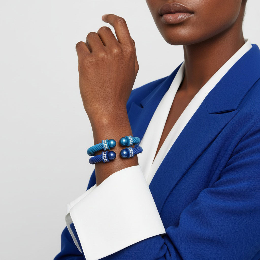 Thick Blue Cable Bangles 2 Pcs Trendy Stylish Statement Jewelry Accessories