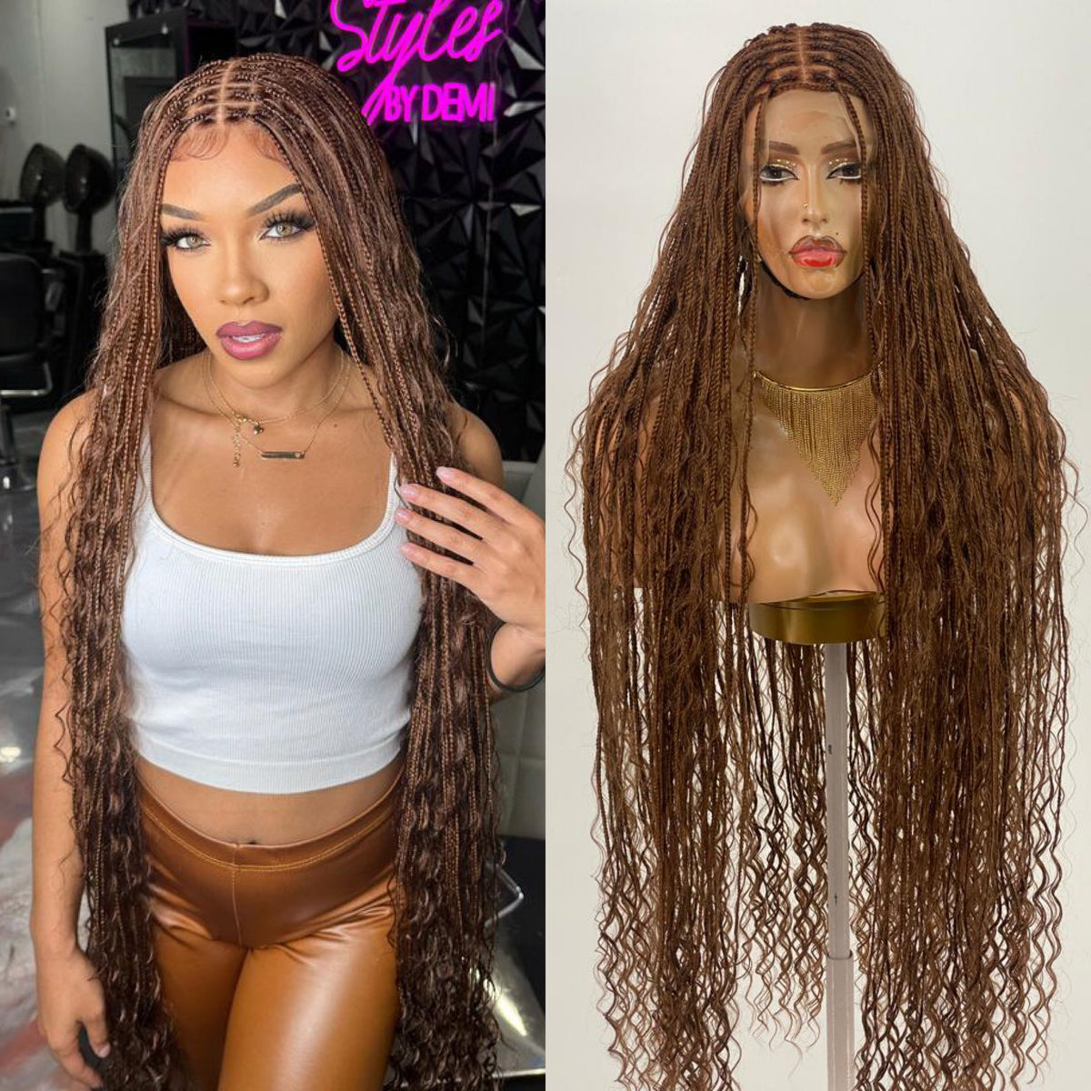 Bohemian Knotless Braid Wig, Swiss Full Lace, Color 30, Tailbone Length - Demi