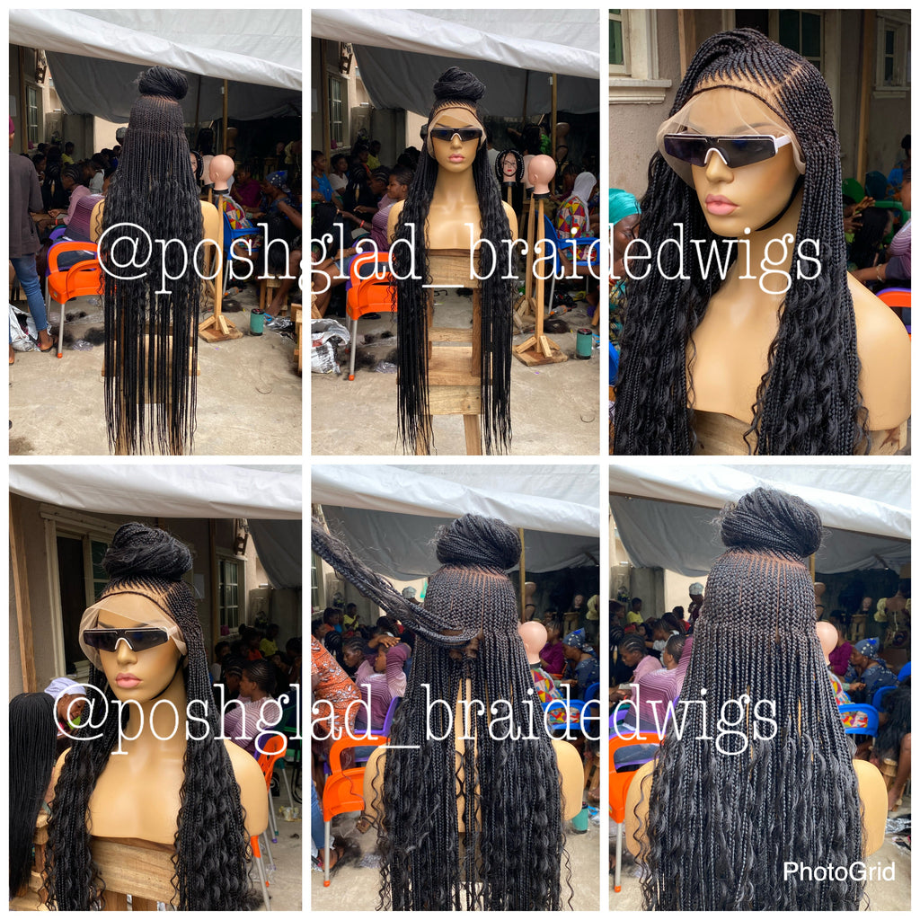 Bohemian Cornrow Braided Wig, Full Lace, Color 1B, Waist Length - Greta