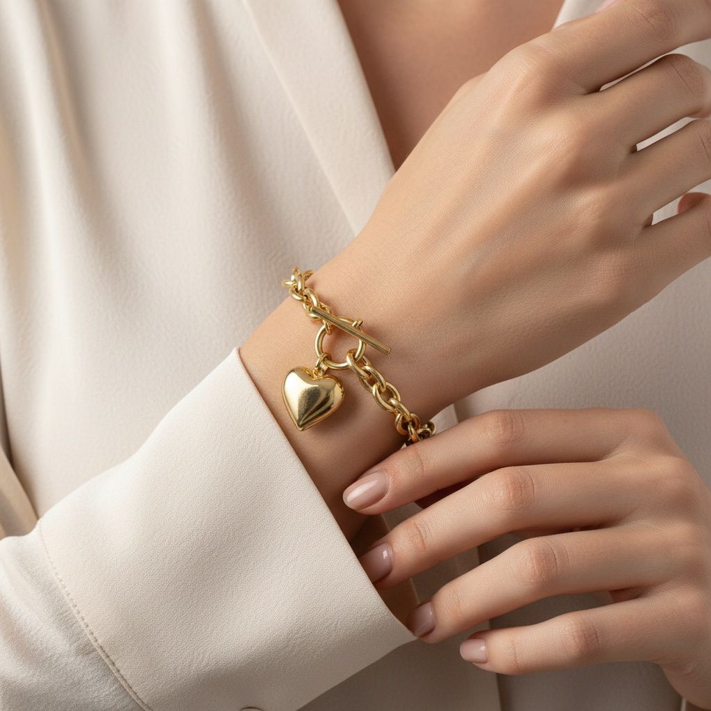 Toggle Heart Rolo Chain Bracelet 18K Gold Steel Stylish Elegant Jewelry