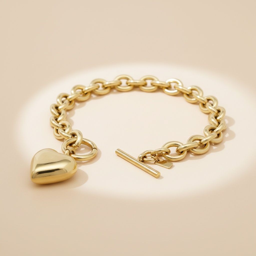Toggle Heart Rolo Chain Bracelet 18K Gold Steel Stylish Chic Jewelry