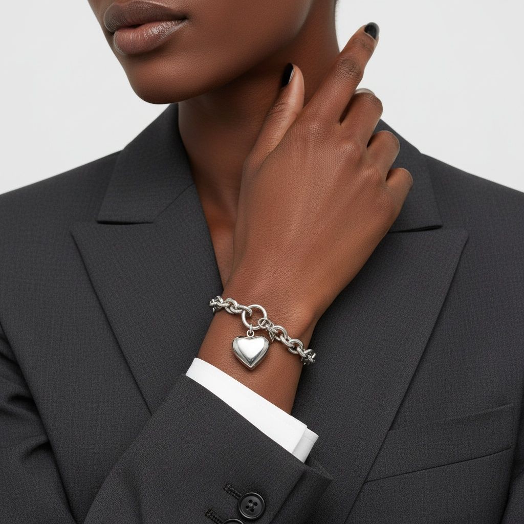 Bracelet Silver Steel Toggle Heart Rolo Chain Stylish Jewelry Accessory