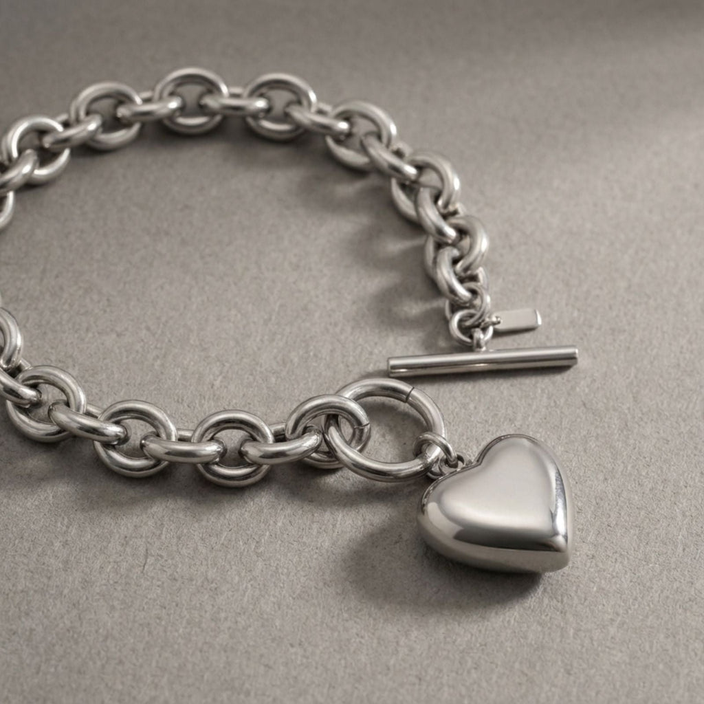 Bracelet Silver Steel Toggle Heart Rolo Chain Stylish Jewelry Accessory