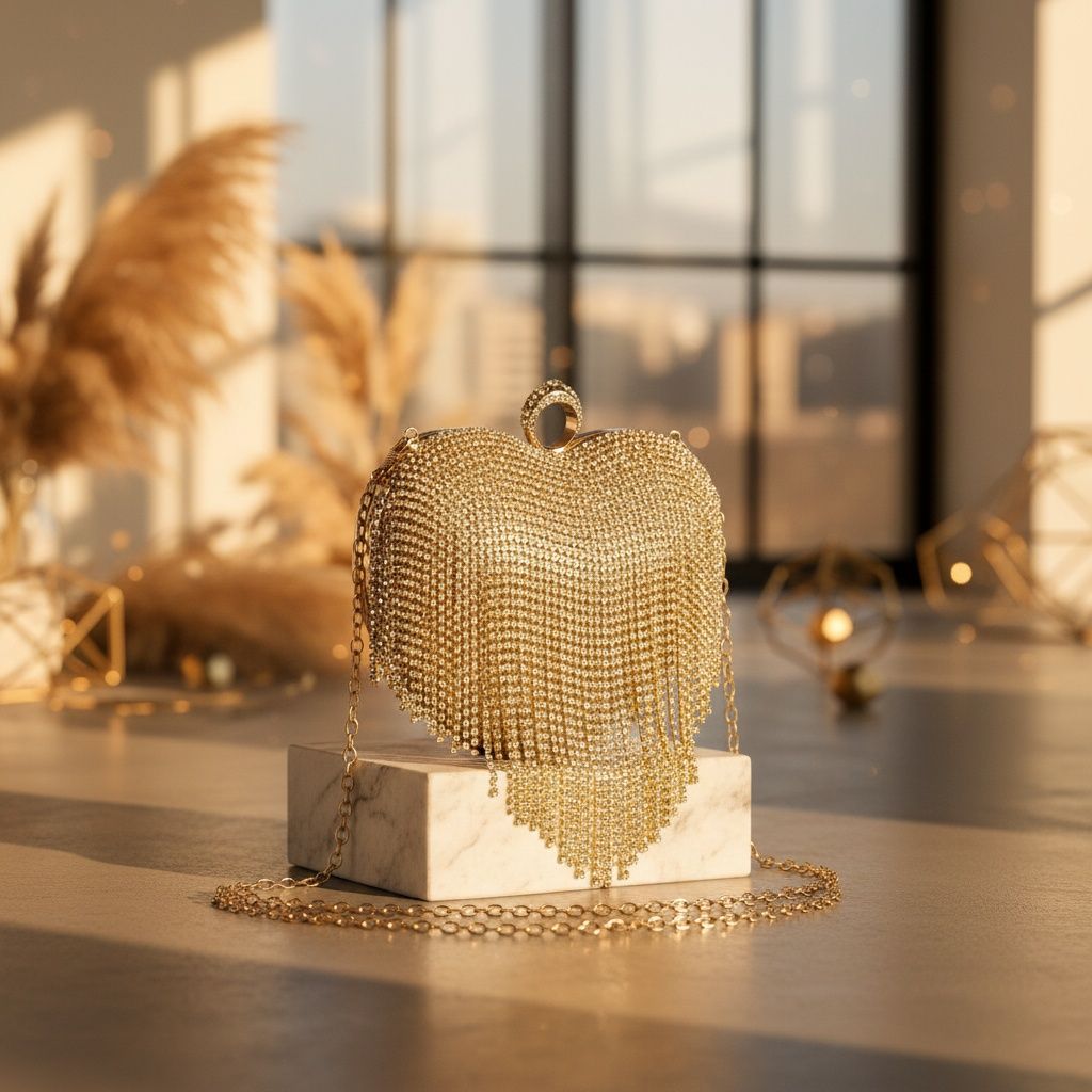 Fashion Handbag Gold Rhinestone Heart Hardcase Clutch with Fringe, Stylish Statement Accessory
