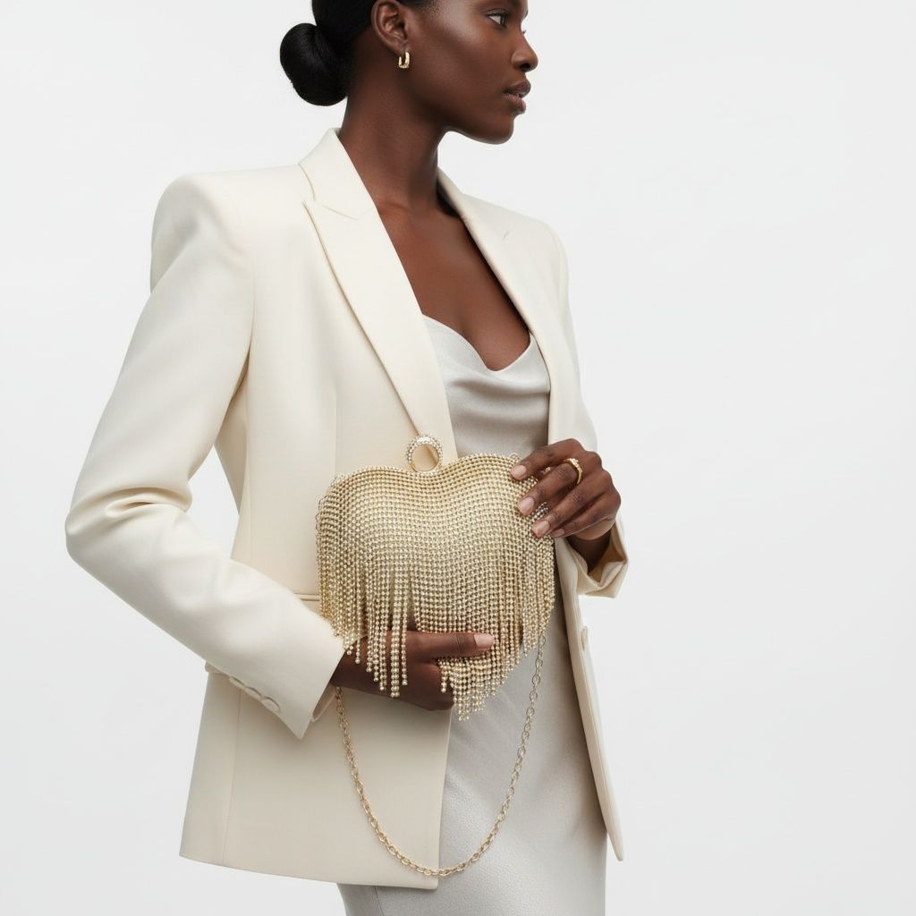 Fashion Handbag Gold Rhinestone Heart Hardcase Clutch with Fringe, Stylish Statement Accessory