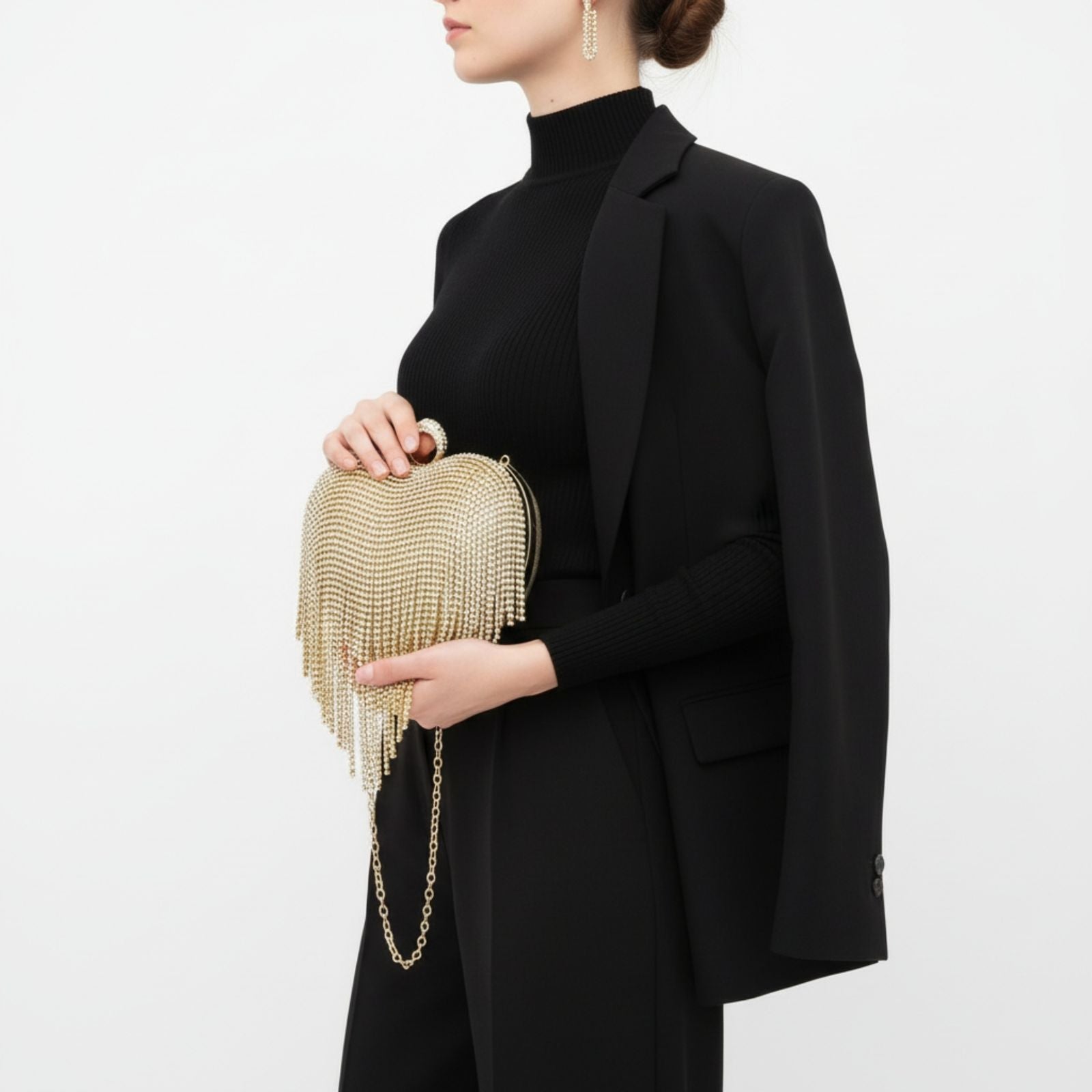 Fashion Handbag Gold Rhinestone Heart Hardcase Clutch with Fringe, Stylish Statement Accessory