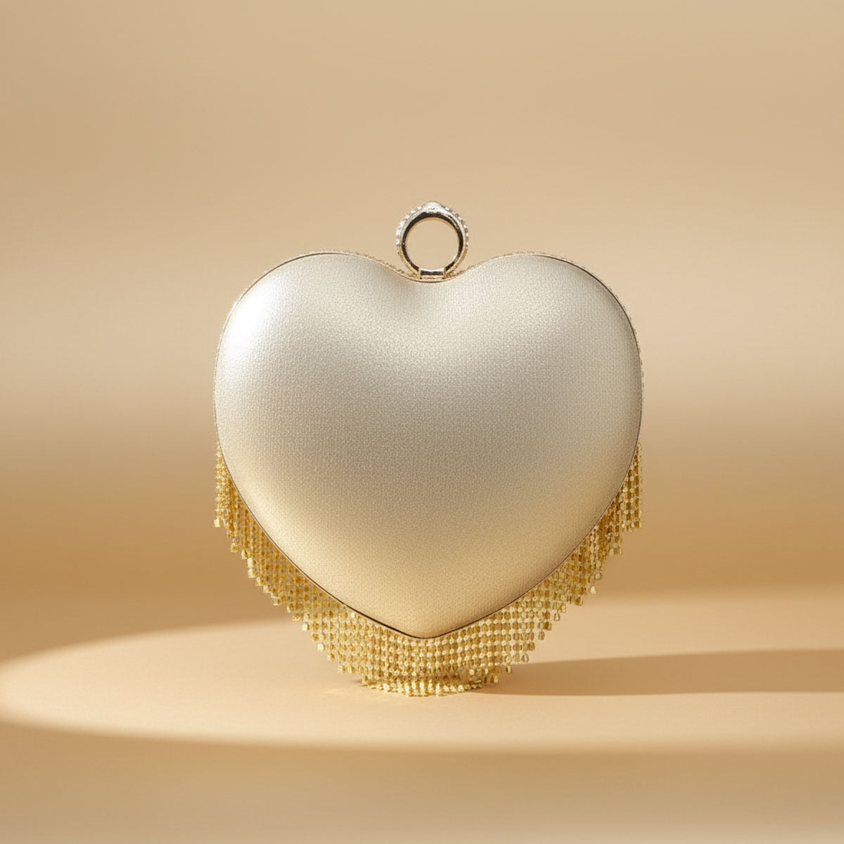 Fashion Handbag Gold Rhinestone Heart Hardcase Clutch with Fringe, Stylish Statement Accessory