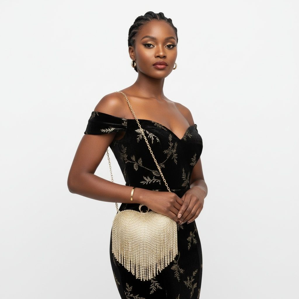 Fashion Handbag Gold Rhinestone Heart Hardcase Clutch with Fringe, Stylish Statement Accessory