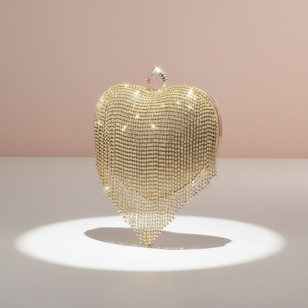 Fashion Handbag Gold Rhinestone Heart Hardcase Clutch with Fringe, Stylish Statement Accessory
