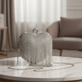 Fashion Clutch Hardcase Bag Silver Rhinestone Fringe Heart Statement Accessory
