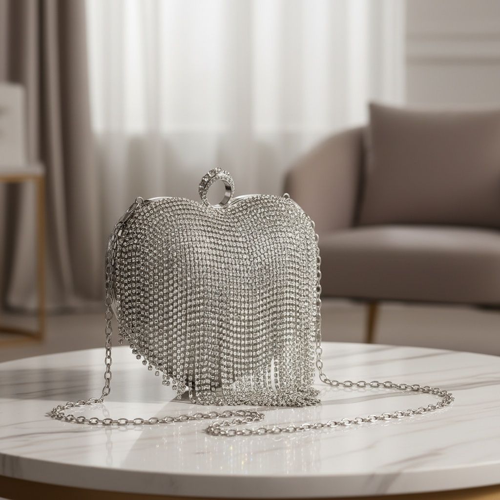 Fashion Clutch Hardcase Bag Silver Rhinestone Fringe Heart Statement Accessory