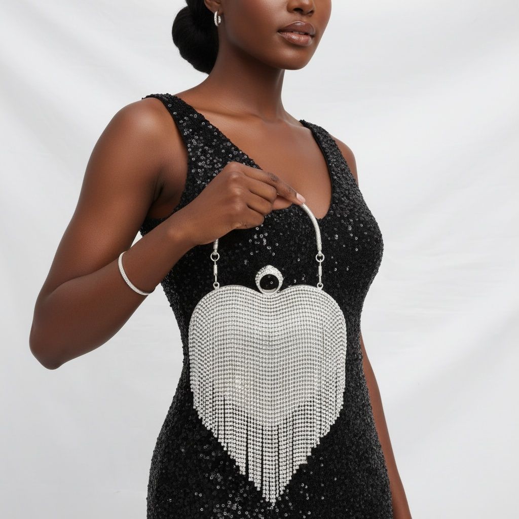 Fashion Clutch Hardcase Bag Silver Rhinestone Fringe Heart Statement Accessory