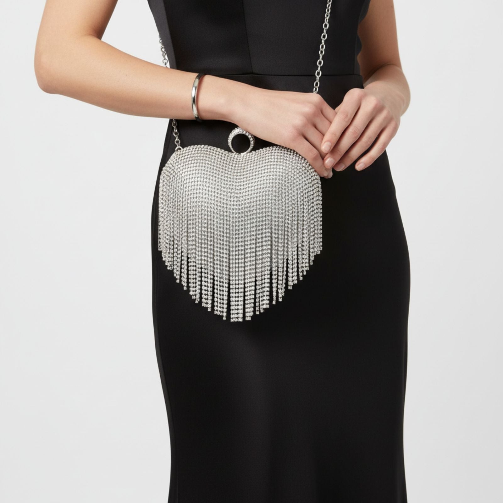 Fashion Clutch Hardcase Bag Silver Rhinestone Fringe Heart Statement Accessory