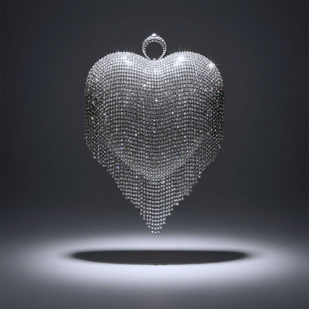 Fashion Clutch Hardcase Bag Silver Rhinestone Fringe Heart Statement Accessory