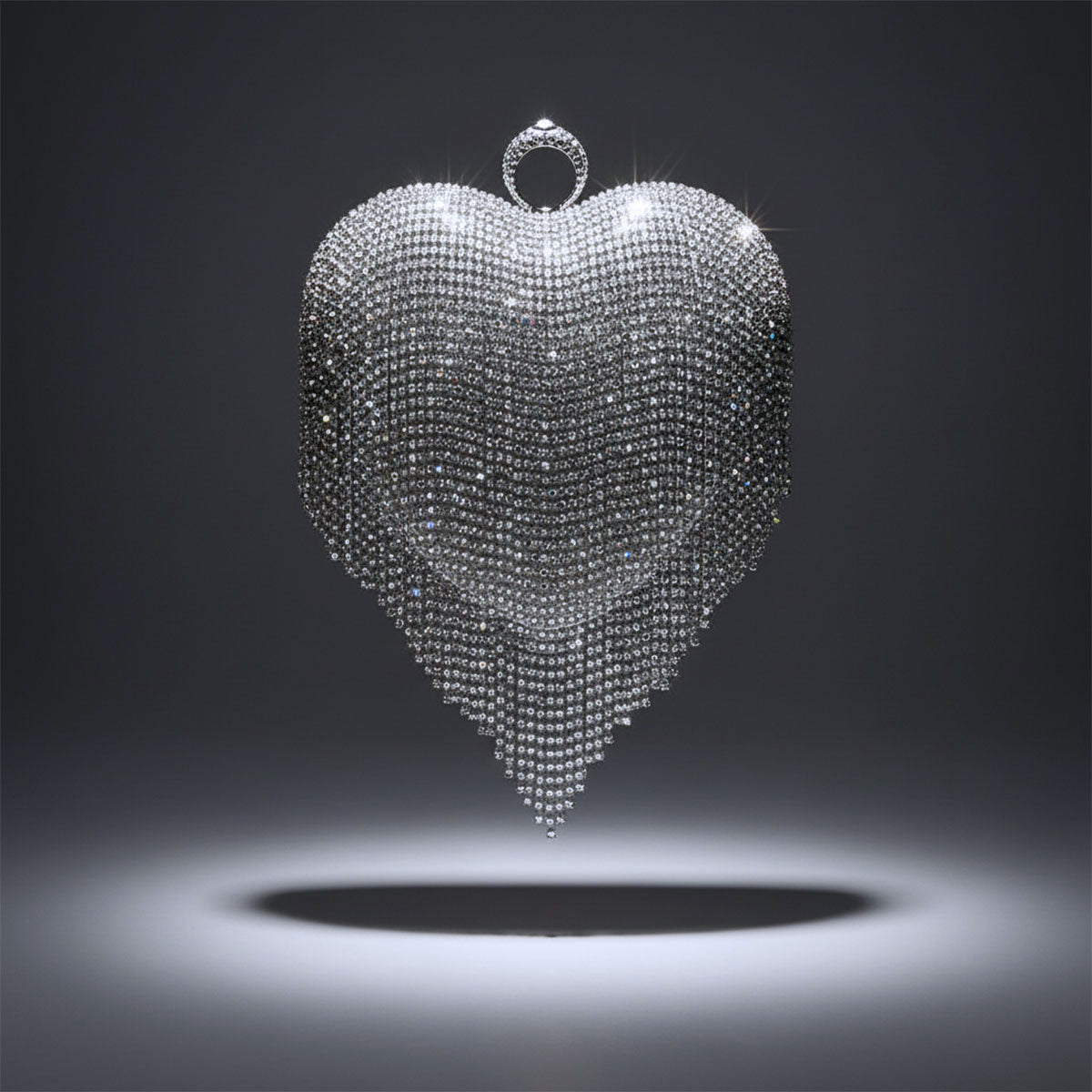 Fashion Clutch Hardcase Bag Silver Rhinestone Fringe Heart Statement Accessory