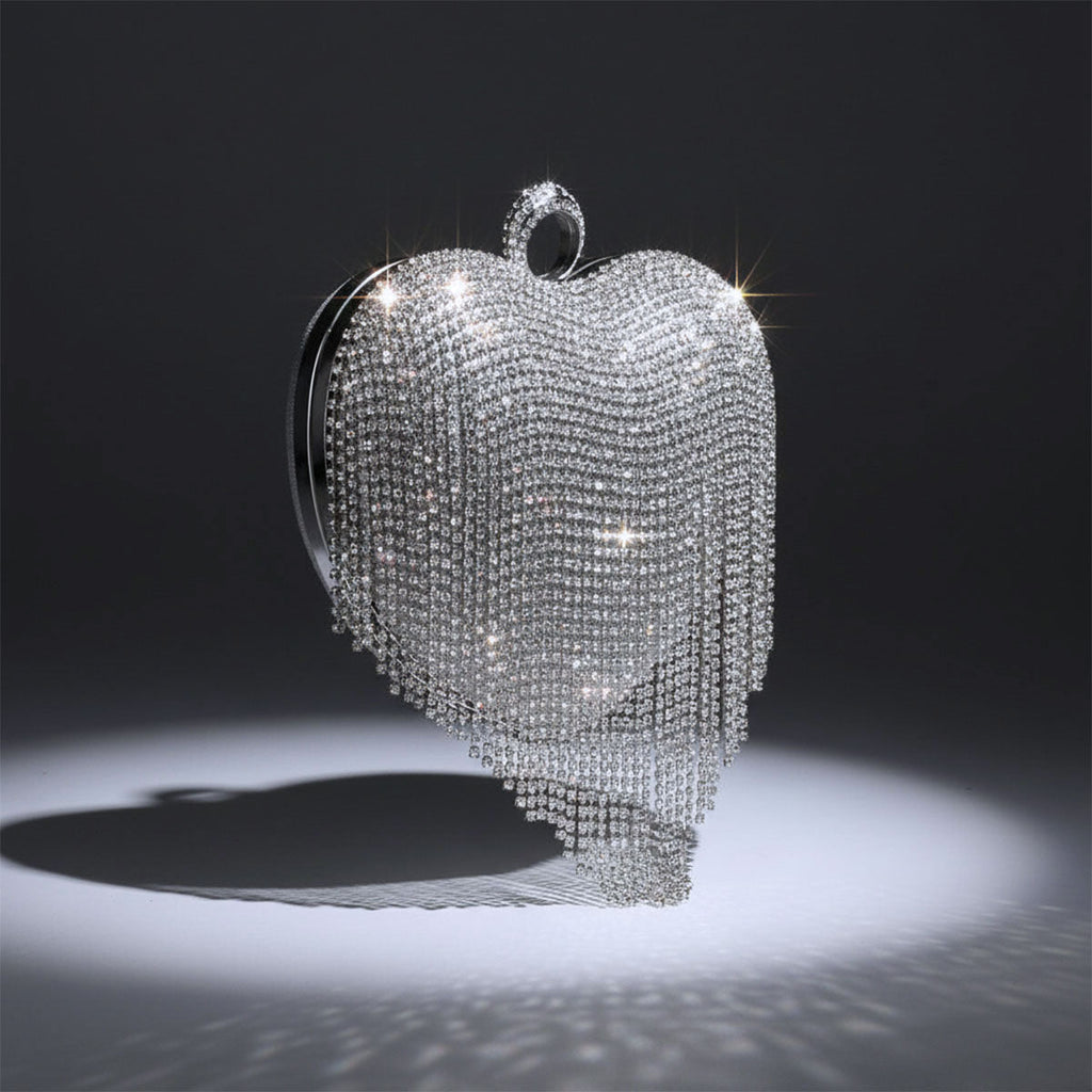 Fashion Clutch Hardcase Bag Silver Rhinestone Fringe Heart Statement Accessory