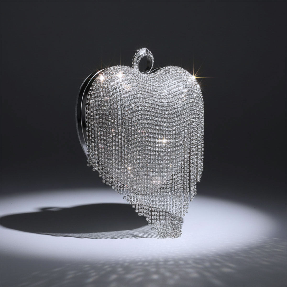 Fashion Clutch Hardcase Bag Silver Rhinestone Fringe Heart Statement Accessory