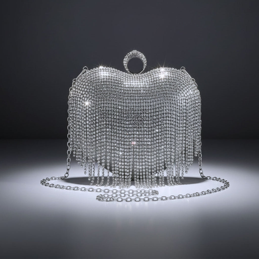 Fashion Clutch Hardcase Bag Silver Rhinestone Fringe Heart Statement Accessory