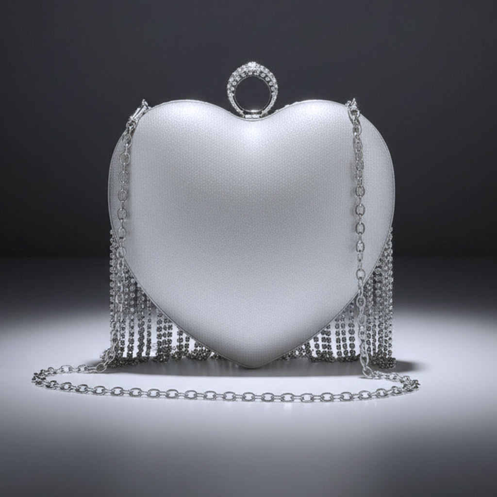 Fashion Clutch Hardcase Bag Silver Rhinestone Fringe Heart Statement Accessory