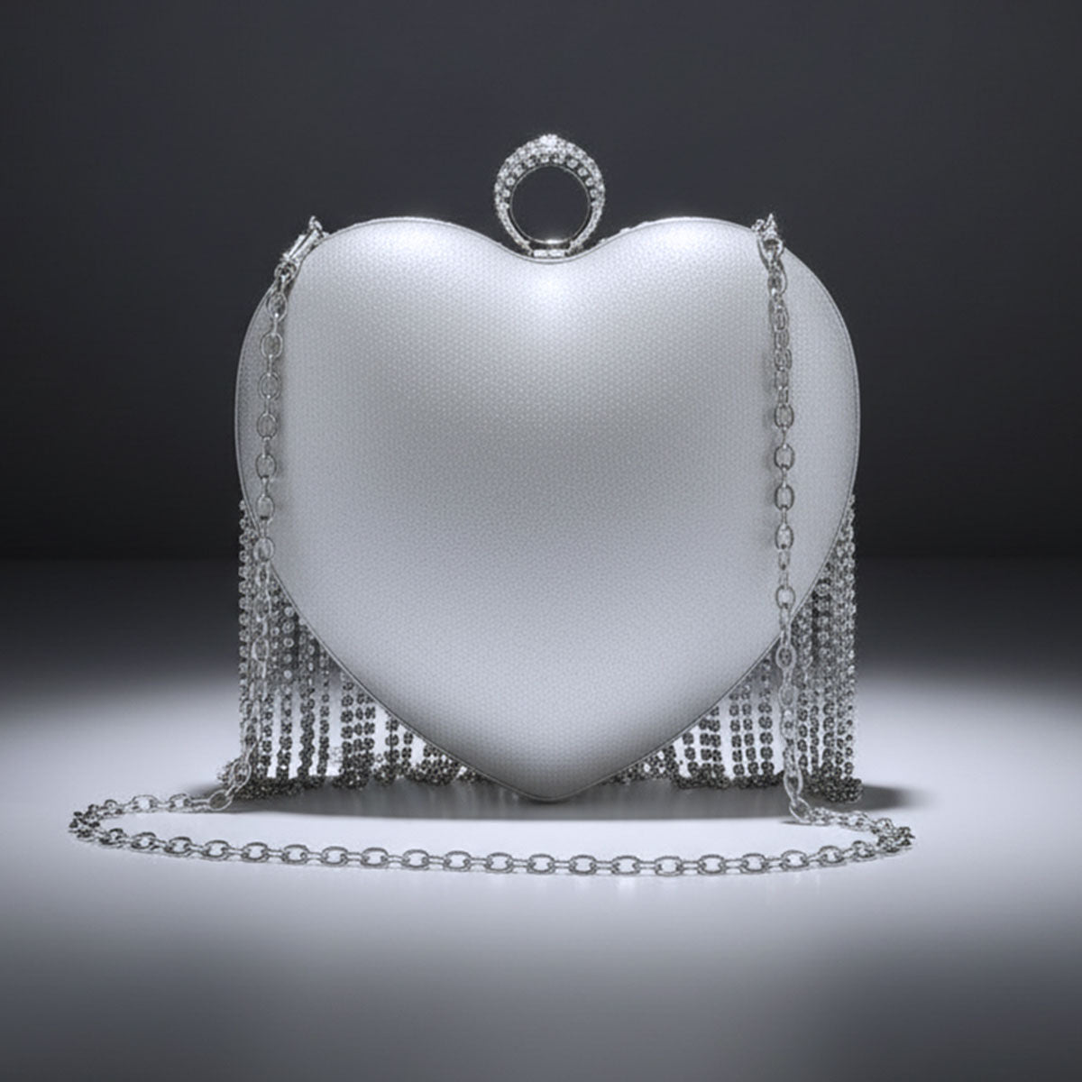 Fashion Clutch Hardcase Bag Silver Rhinestone Fringe Heart Statement Accessory
