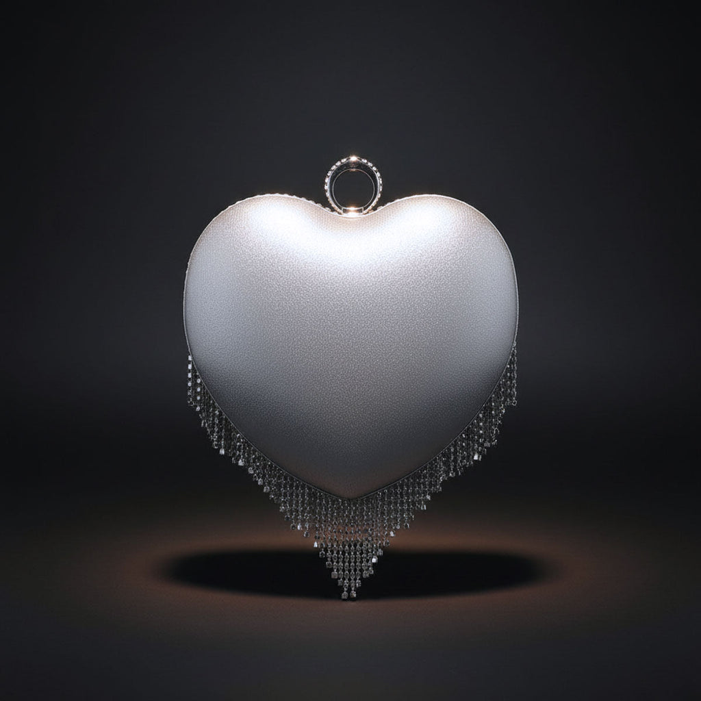 Fashion Clutch Hardcase Bag Silver Rhinestone Fringe Heart Statement Accessory