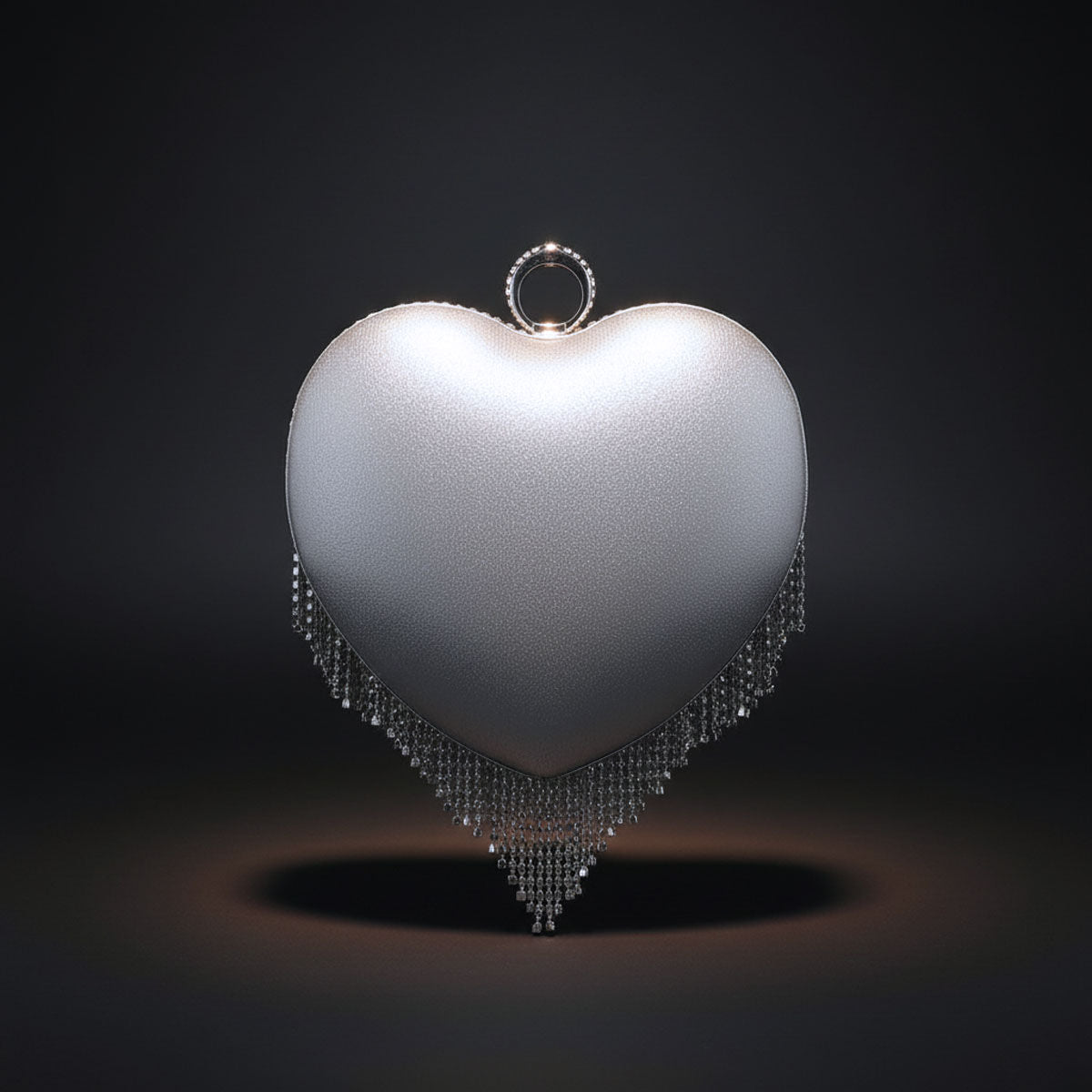 Fashion Clutch Hardcase Bag Silver Rhinestone Fringe Heart Statement Accessory