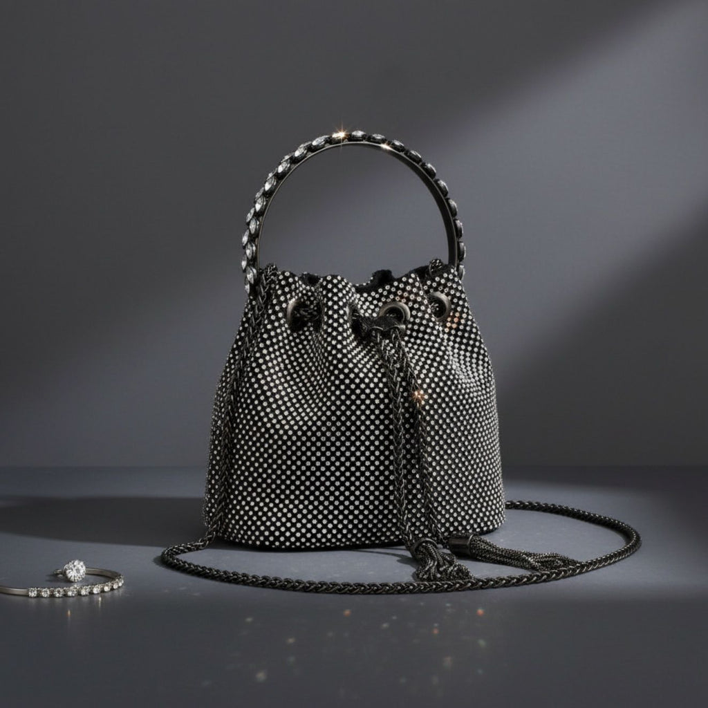 Fashion Handbag Black Rhinestone Mesh Crystal Bucket Bag Chic Clutch