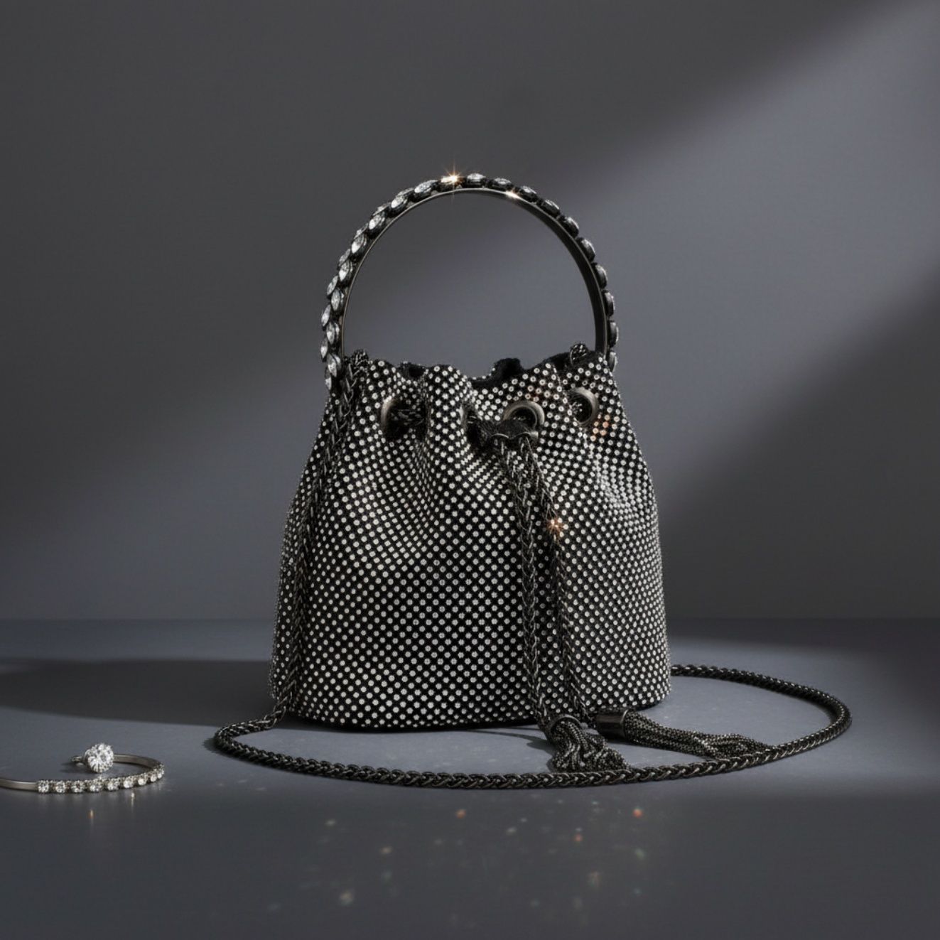 Fashion Handbag Black Rhinestone Mesh Crystal Bucket Bag Chic Clutch