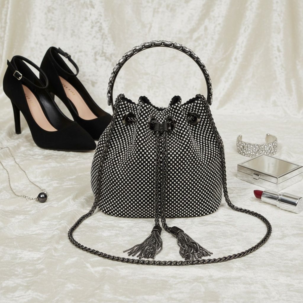 Fashion Handbag Black Rhinestone Mesh Crystal Bucket Bag Chic Clutch