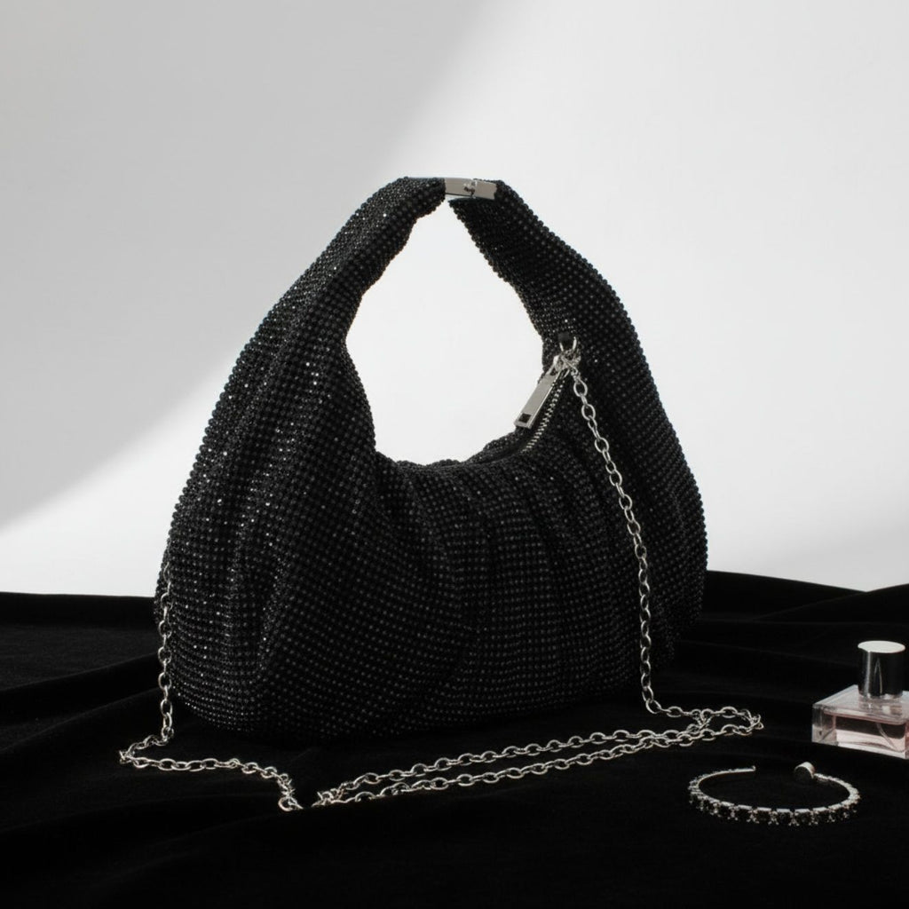 Fashion Handbag Black Rhinestone Mesh Clutch Hobo Bag Stylish Chic