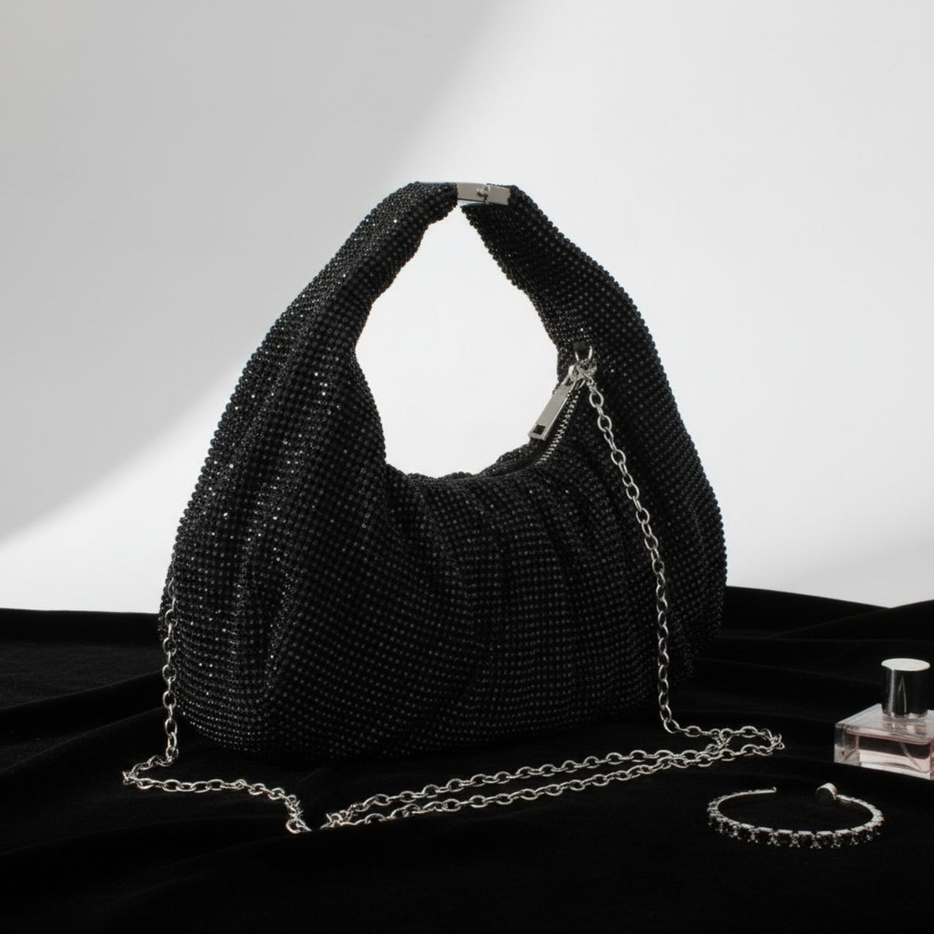 Fashion Handbag Black Rhinestone Mesh Clutch Hobo Bag Stylish Chic