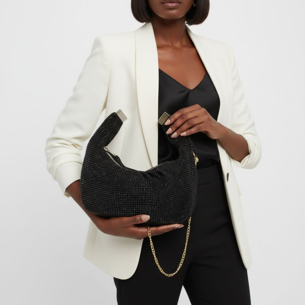 Fashion Handbag Black Rhinestone Mesh Clutch Hobo Bag Stylish Chic