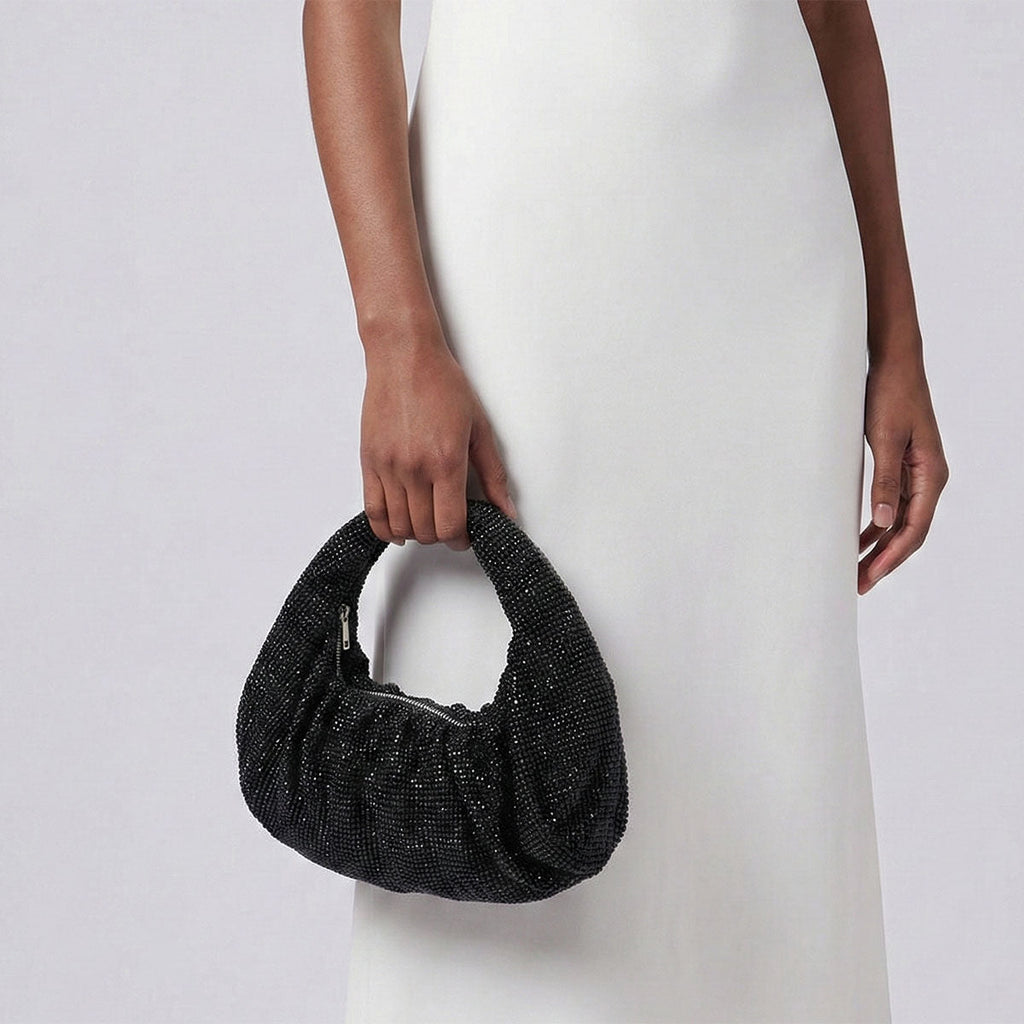 Fashion Handbag Black Rhinestone Mesh Clutch Hobo Bag Stylish Chic