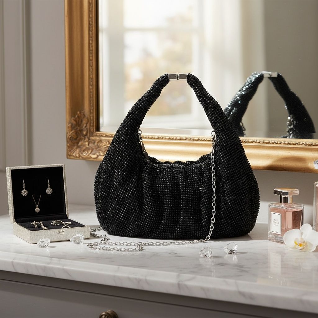 Fashion Handbag Black Rhinestone Mesh Clutch Hobo Bag Stylish Chic