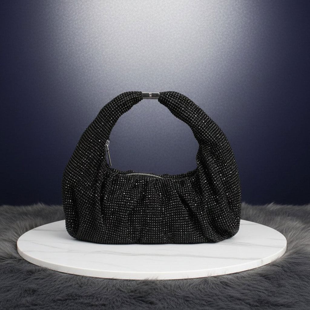 Fashion Handbag Black Rhinestone Mesh Clutch Hobo Bag Stylish Chic