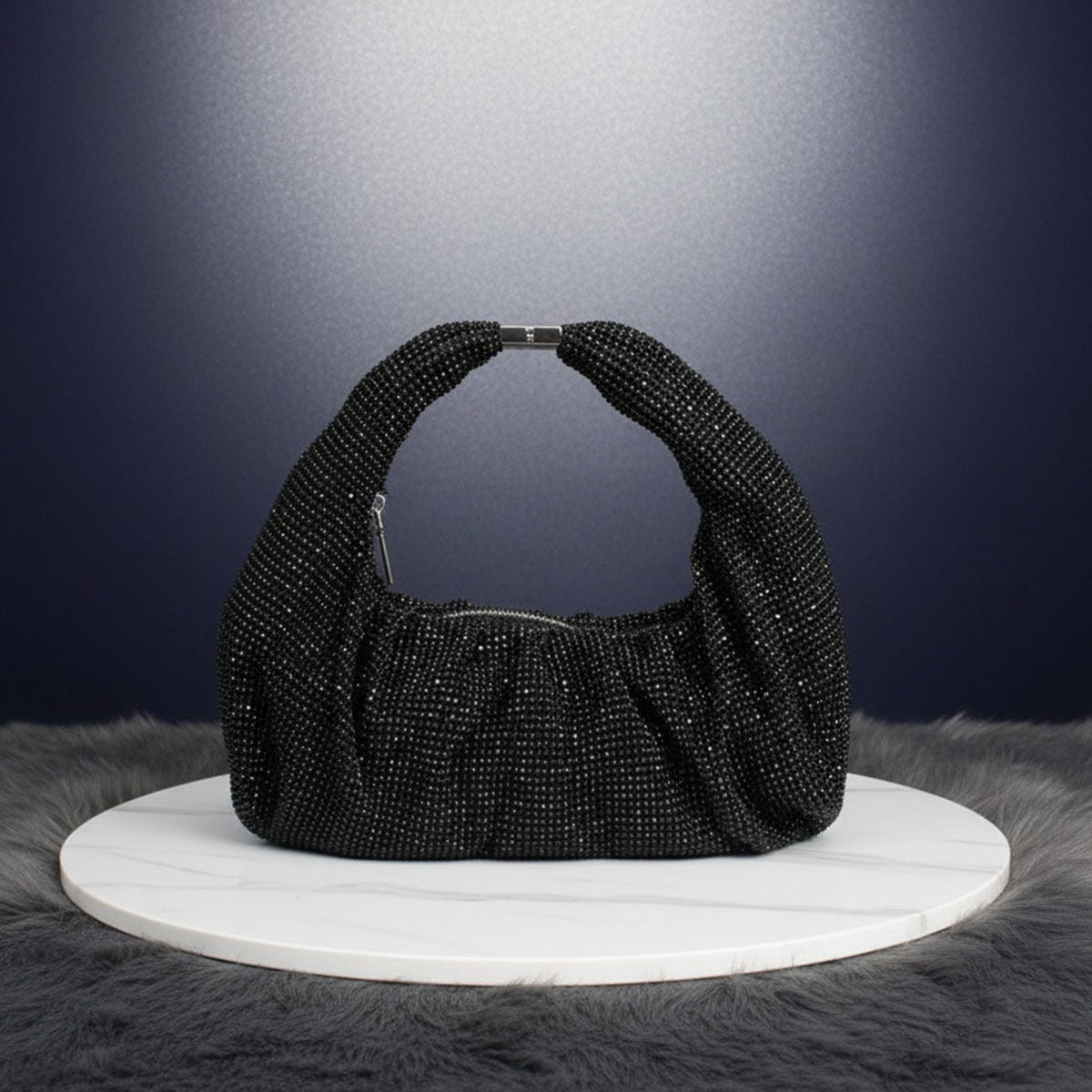 Fashion Handbag Black Rhinestone Mesh Clutch Hobo Bag Stylish Chic