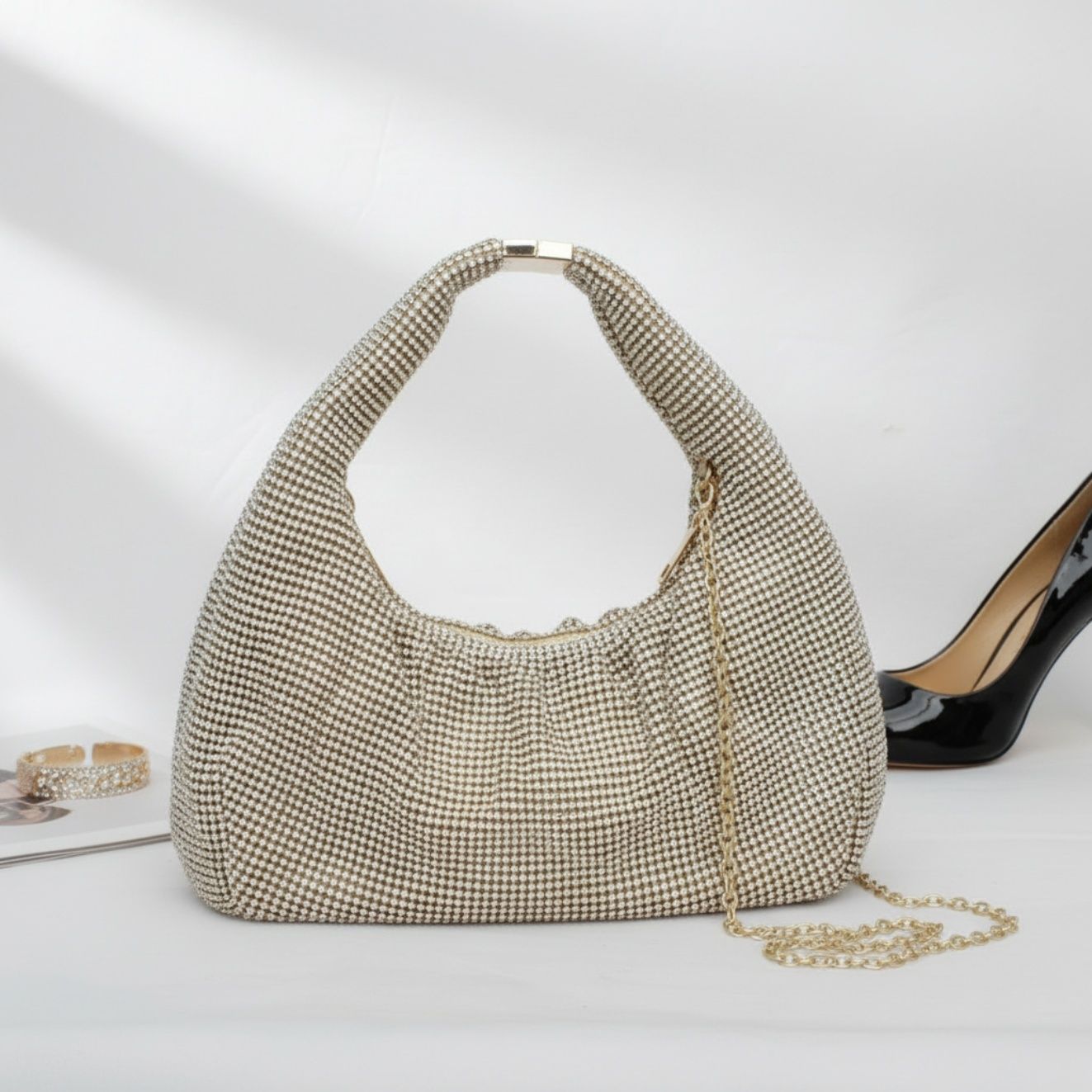 Fashion Handbag Clutch Gold Rhinestone Mesh Hobo Bag Stylish Elegant