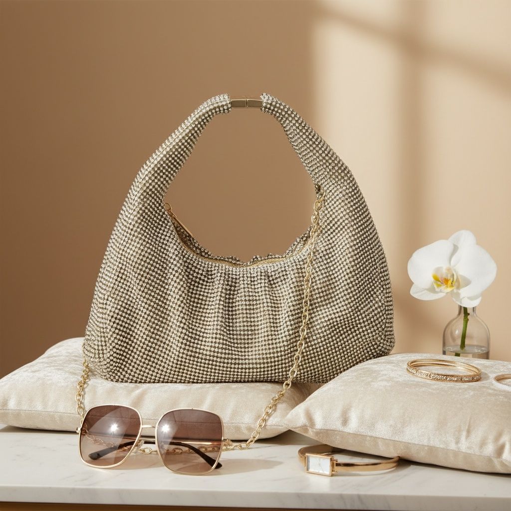 Fashion Handbag Clutch Gold Rhinestone Mesh Hobo Bag Stylish Elegant