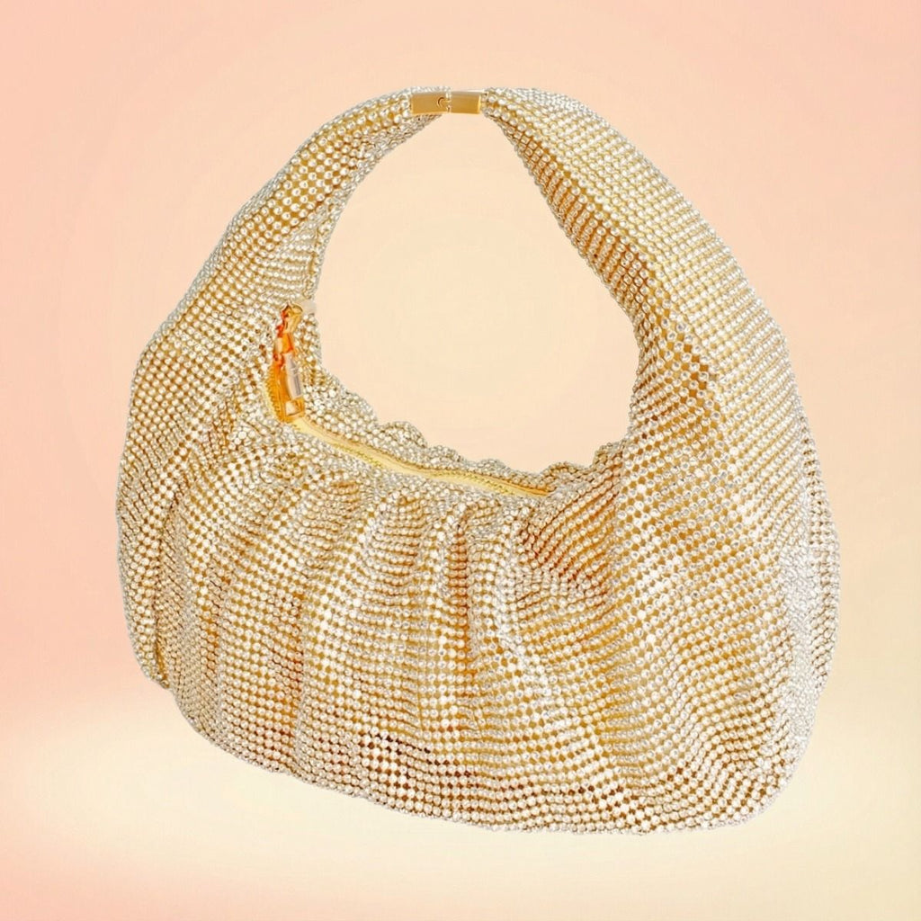 Fashion Handbag Clutch Gold Rhinestone Mesh Hobo Bag Stylish Elegant