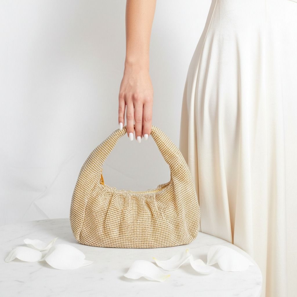 Fashion Handbag Clutch Gold Rhinestone Mesh Hobo Bag Stylish Elegant